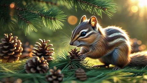 Chipmunk Exploring Pine Needles in Dreamy Forest Setting