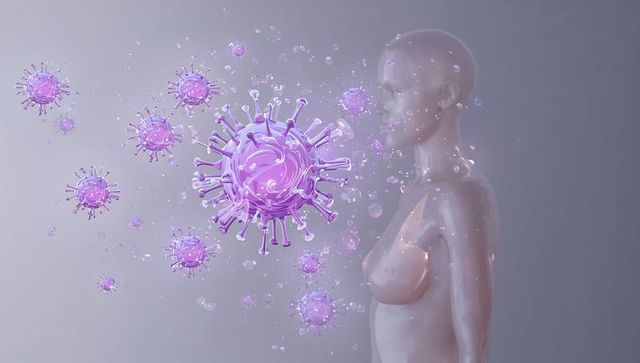 Glossy Mannequin Facing Purple Spiky Virus Particles Representing Droplet Transmission