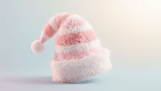 Pastel pink and white furry striped pom-pom beanie on minimalist studio background