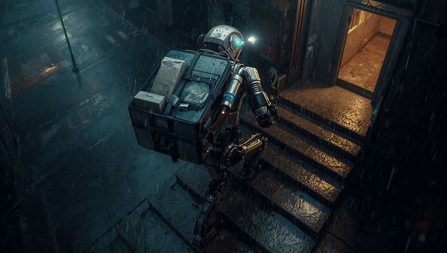 Rainy urban delivery robot climbing wet stairs to lit doorway at night with headlamp