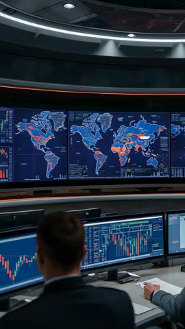 Analyst Monitoring Real-Time Global Data Feeds in Control Room Vertical Video