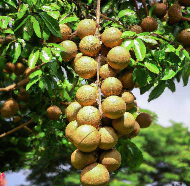 Cluster of sapodilla fruits hanging from a tree, showing their ripeness. Perfect for depicting organic farming, tropical agriculture, or healthy eating. This can be used in articles about exotic fruits, sustainable agriculture, or tropical gardening.