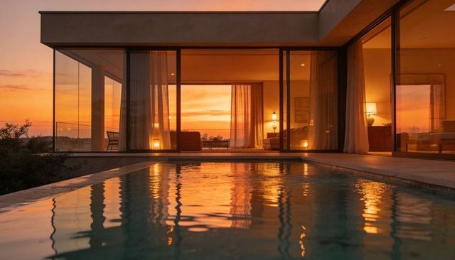 Sunset-reflecting glass villa with glowing interiors and infinity pool overlooking ocean