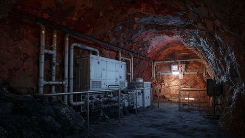 Running underground generator in rocky cavern with pipes control panel and compressor