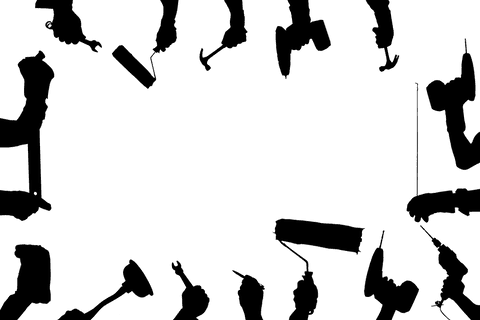 Handheld tools forming frame on transparent background illustration