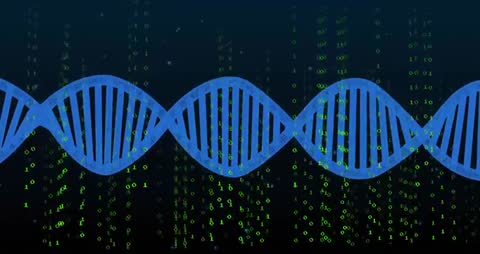 Blue DNA Strand with Binary Code on Black Background
