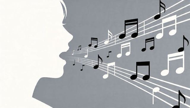 Singing white silhouette woman projecting music staff and notes across gray background
