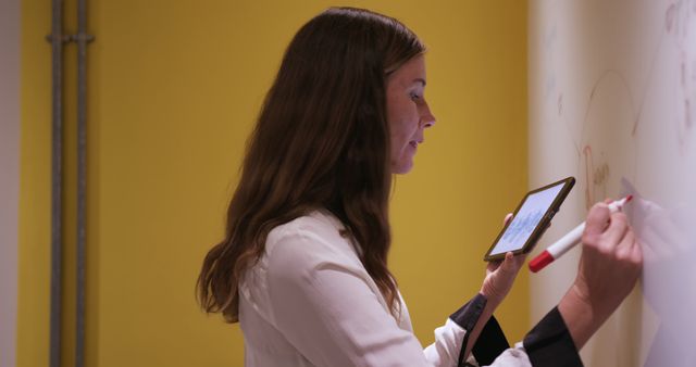 Businesswoman Using Tablet and Writing Ideas on Whiteboard - Download Free Stock Images Pikwizard.com