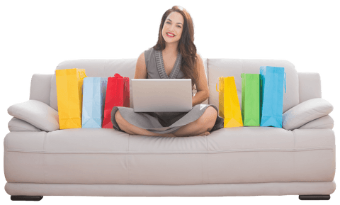 Smiling Woman Shopping Online with Colorful Bags on Sofa Transparent - Download Free Stock Videos Pikwizard.com