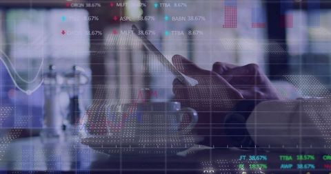 Holding smartphone at cafe with market charts overlay showing finance data visualization