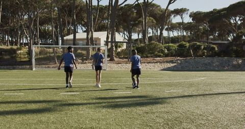 Diverse youth soccer players walking toward goal on artificial turf in sunny park