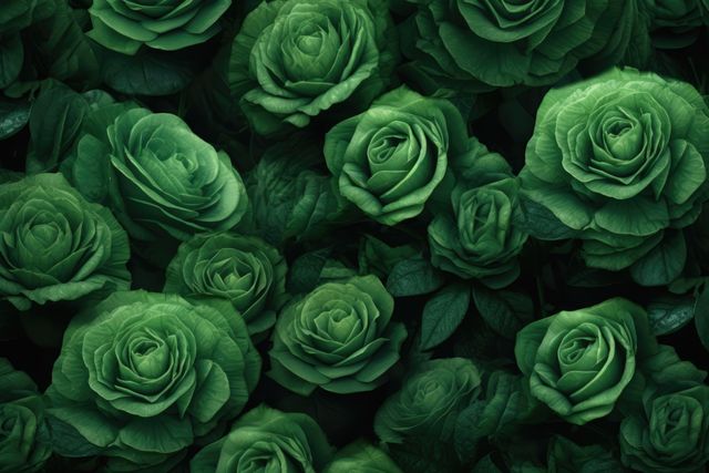 Close-up of lush, green roses in full bloom, showcasing intricate petals and rich foliage. Ideal for use in garden blogs, botanical articles, nature-themed designs, and floral arrangement promotions. Perfect for environmental or eco-related campaigns emphasizing natural beauty and plant life diversity.