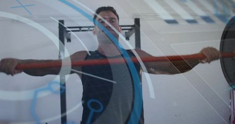 Male Weightlifter Performing Power Clean Pull with Red Barbell and Digital Blue HUD Overlay