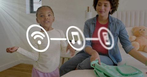 Mother and daughter packing school backpack with smart home music and wifi icons overlay