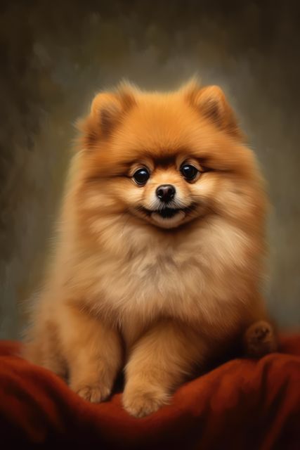 This stock photo features a cute, fluffy Pomeranian puppy sitting on a red surface indoors. The puppy's expressive eyes and fluffy fur make it perfect for use in advertisements, greeting cards, or articles related to pet care. It can also be used in social media posts to attract attention to pet-related products or services.