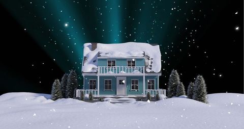 Snow-Covered House Against Starry Night Sky