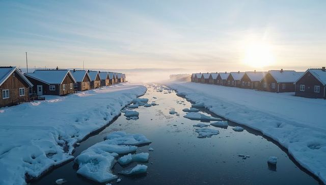 Sunrise over frozen coastal canal lined with wooden cabins and floating ice