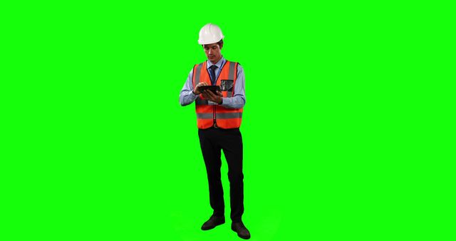 Male construction engineer wearing safety vest and hard hat using a tablet with green screen background. Ideal for promotional materials, technology and digital integration in construction industries, online courses, and training materials.