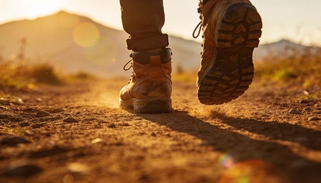 Hiker walking on dusty mountain trail at golden hour kicking up dust with leather boots
