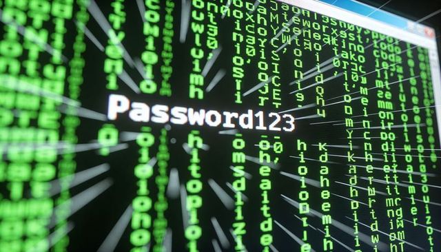 Password123 appearing among green matrix code on glowing terminal screen