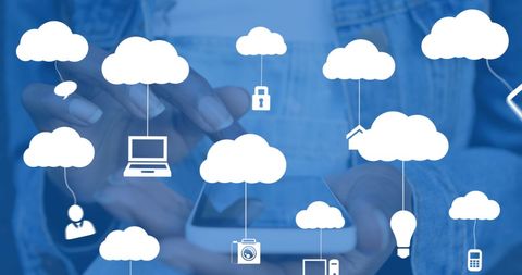 Digital Clouds with Icons Over Woman Using Smartphone for Connectivity - Download Free Stock Images Pikwizard.com