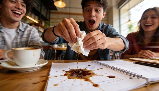 Student squeezing napkin spilling coffee on notebook while friends laughing in cafe