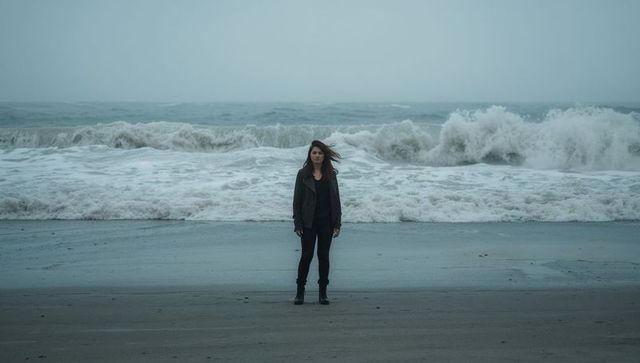 Woman standing facing camera on moody windswept beach with crashing ocean waves