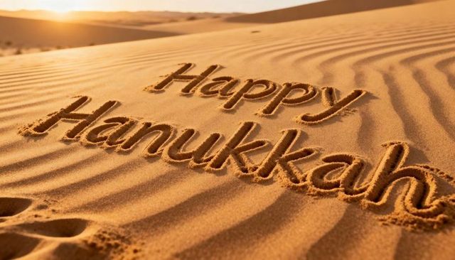Happy hanukkah carved in rippled desert sand at sunset with footprints casting shadows and golden gl