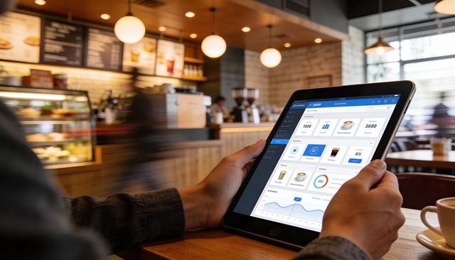 Hands Holding Tablet Displaying Cafe Sales Dashboard for Mobile Analytics and Remote Work