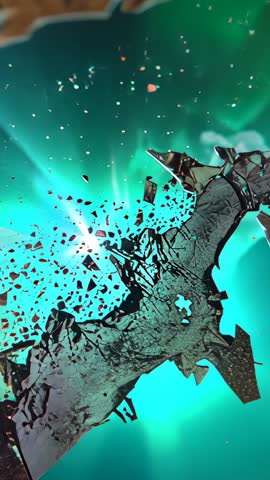 Teal Explosion Shattering Jagged Metal Panel Revealing Floating Shards Vertical Video