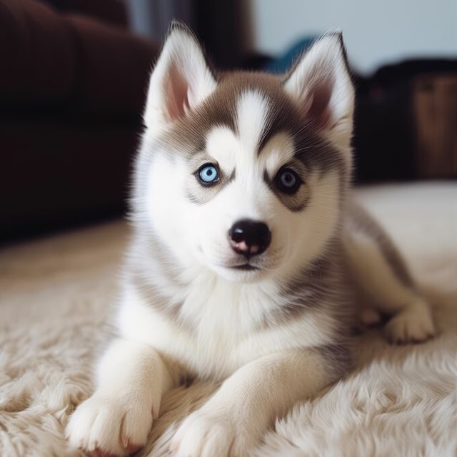 Adorable husky puppy with striking blue eyes lying comfortably on a fluffy carpet. This image is ideal for pet-related promotions, dog lover blogs, animal care product advertisements, or social media campaigns focusing on cute pets.