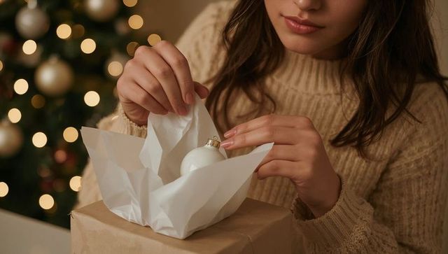 Woman unwrapping white christmas ornament from kraft gift box beside bokeh-lit tree