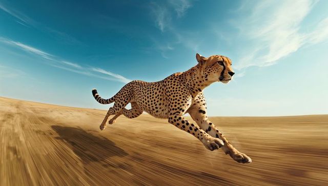 Sprinting cheetah racing across desert plain