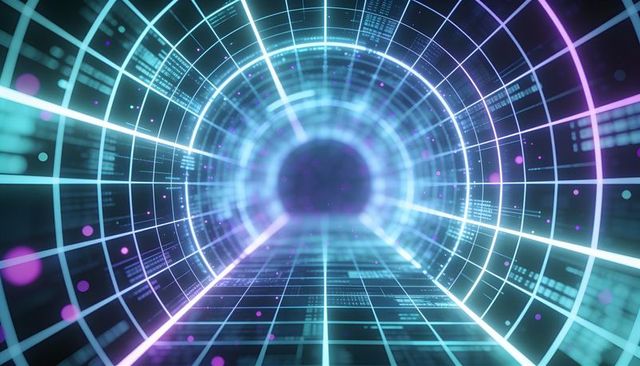 Neon data tunnel receding into digital core with glowing grid hud overlays and magenta orbs