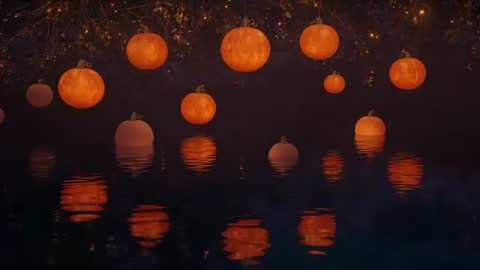 Mystical Pumpkin Lanterns Reflecting Over Twilight Pond
