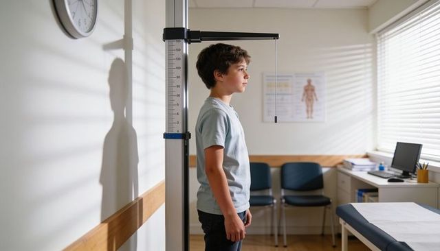 Preteen standing for height measurement in pediatric clinic using stadiometer for growth check