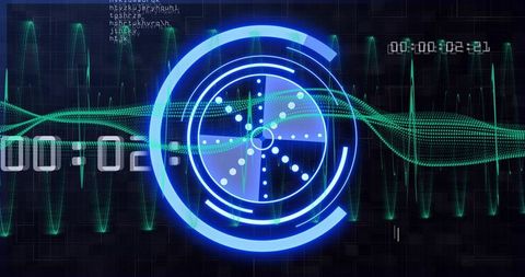 Futuristic hud displaying neon-blue concentric interface with green waveform analytics