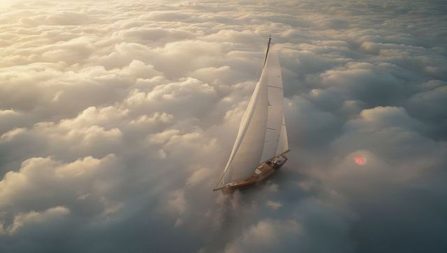 Sailboat Gliding Through Sunrise Clouds, Captures Tranquility and Adventure