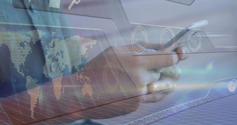 Businessman Analyzing Digital Hologram Interface with Smartphone