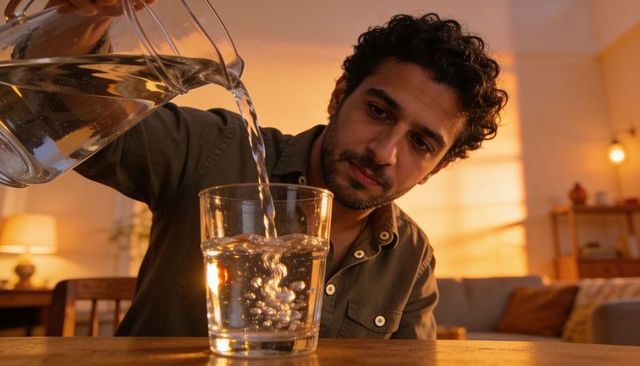 Man pouring water into glass during warm evening at home cozy living room hydration