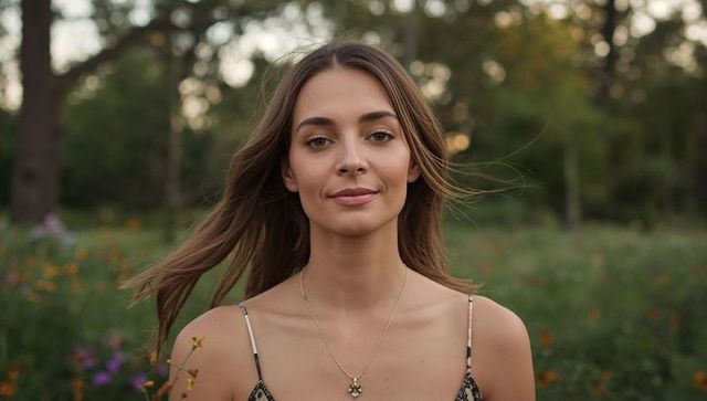 Young woman standing in wildflower meadow wearing floral strappy dress and gold pendant