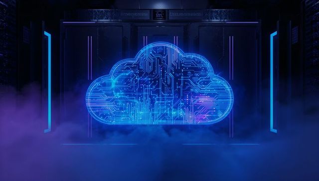 Neon Digital Cloud Hovers in Tech-Advanced Server Room