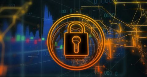 Glowing Neon Padlock Protecting Financial Data Over Trading Charts and Circuit Interface