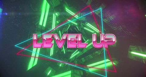 Retro Neon Level Up Design with Geometric Background