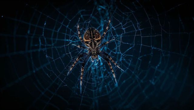 Orb-weaver spider resting on luminous blue circular web, macro closeup of patterned abdomen