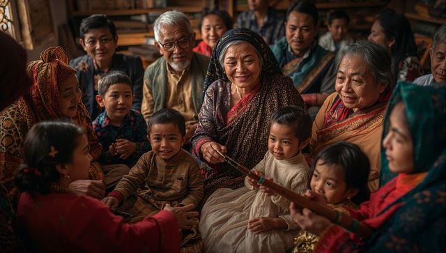 Multigenerational family gathering around grandmother sharing tradition and wooden toy
