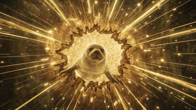 Seal pup emerging from golden energy portal with radiant sparks