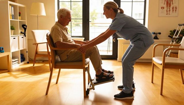 Nurse guiding elderly man during seated mobility training with wheeled foot platform