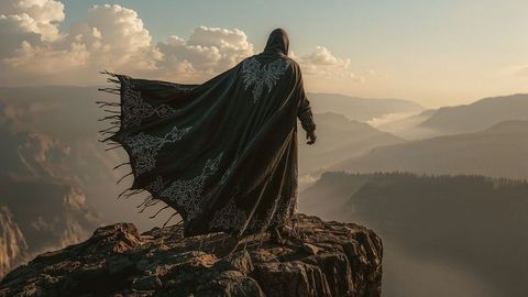 Hooded assassin figure overlooking misty valley adventure