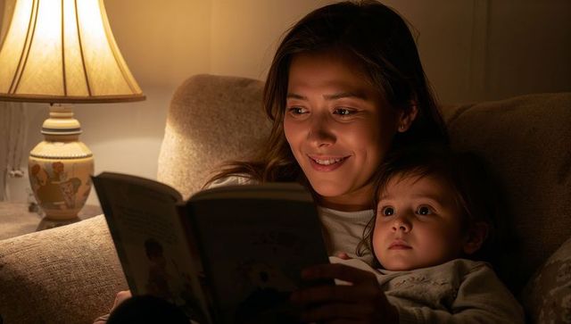 Mother Reading Bedtime Story to Toddler on Sofa by Warm Lamp Light, Cozy Night